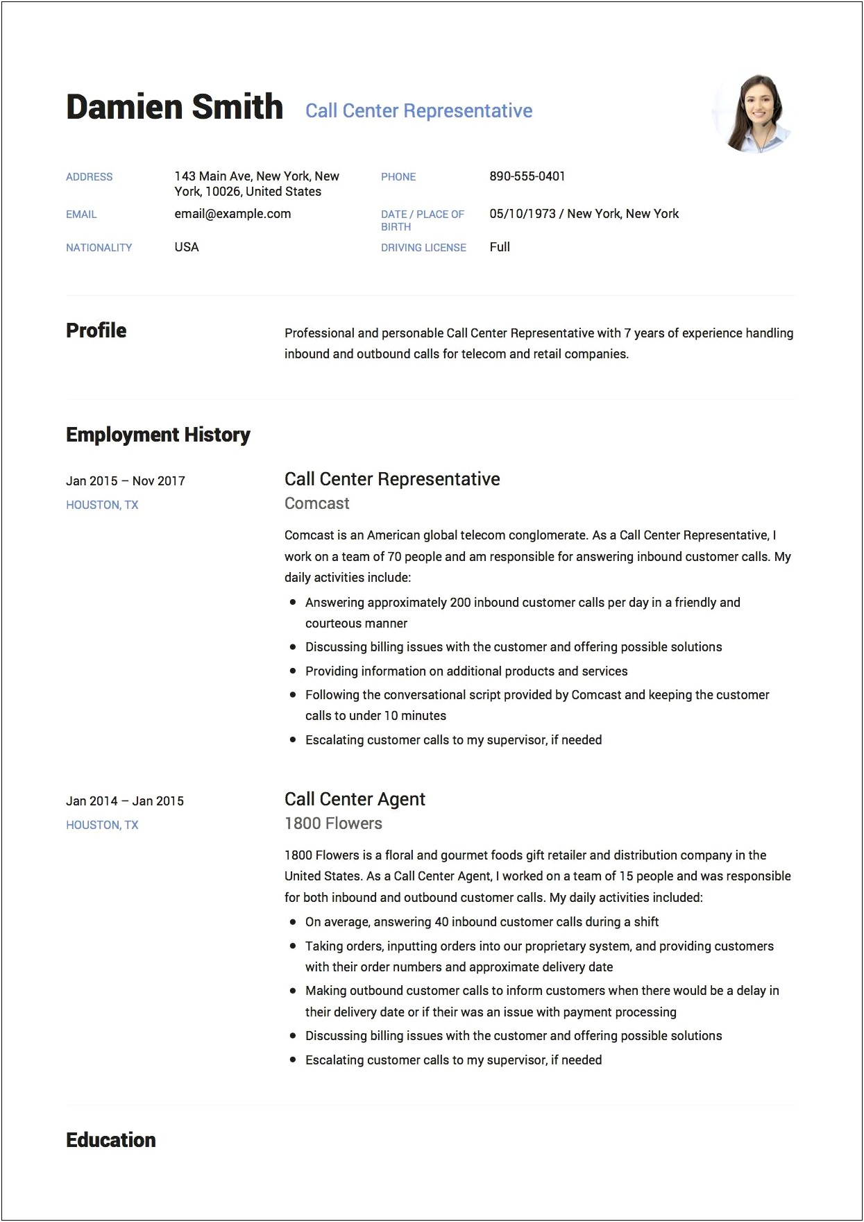 Call Center Resume Format Free Download