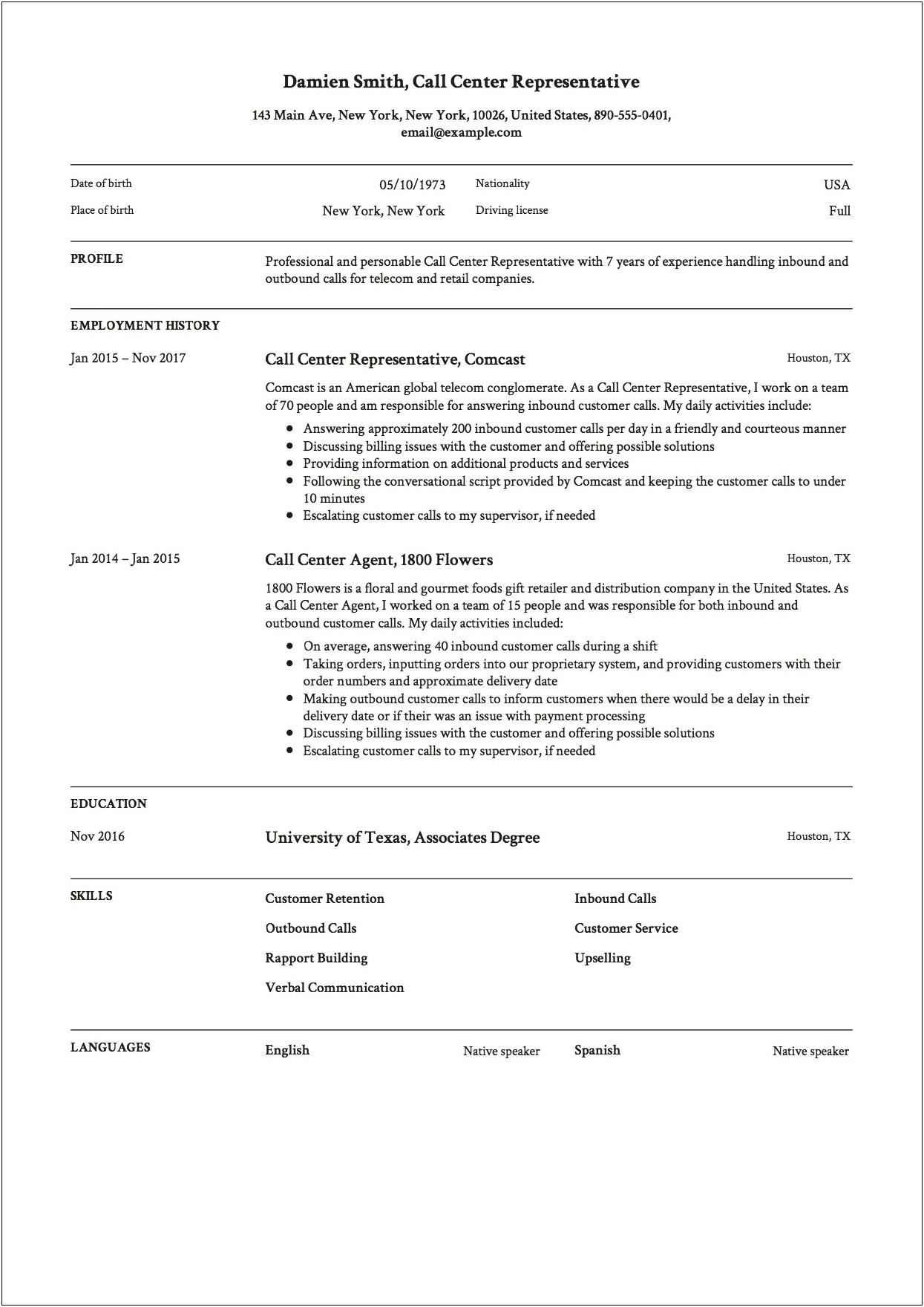Call Center Resume Sample Free Download