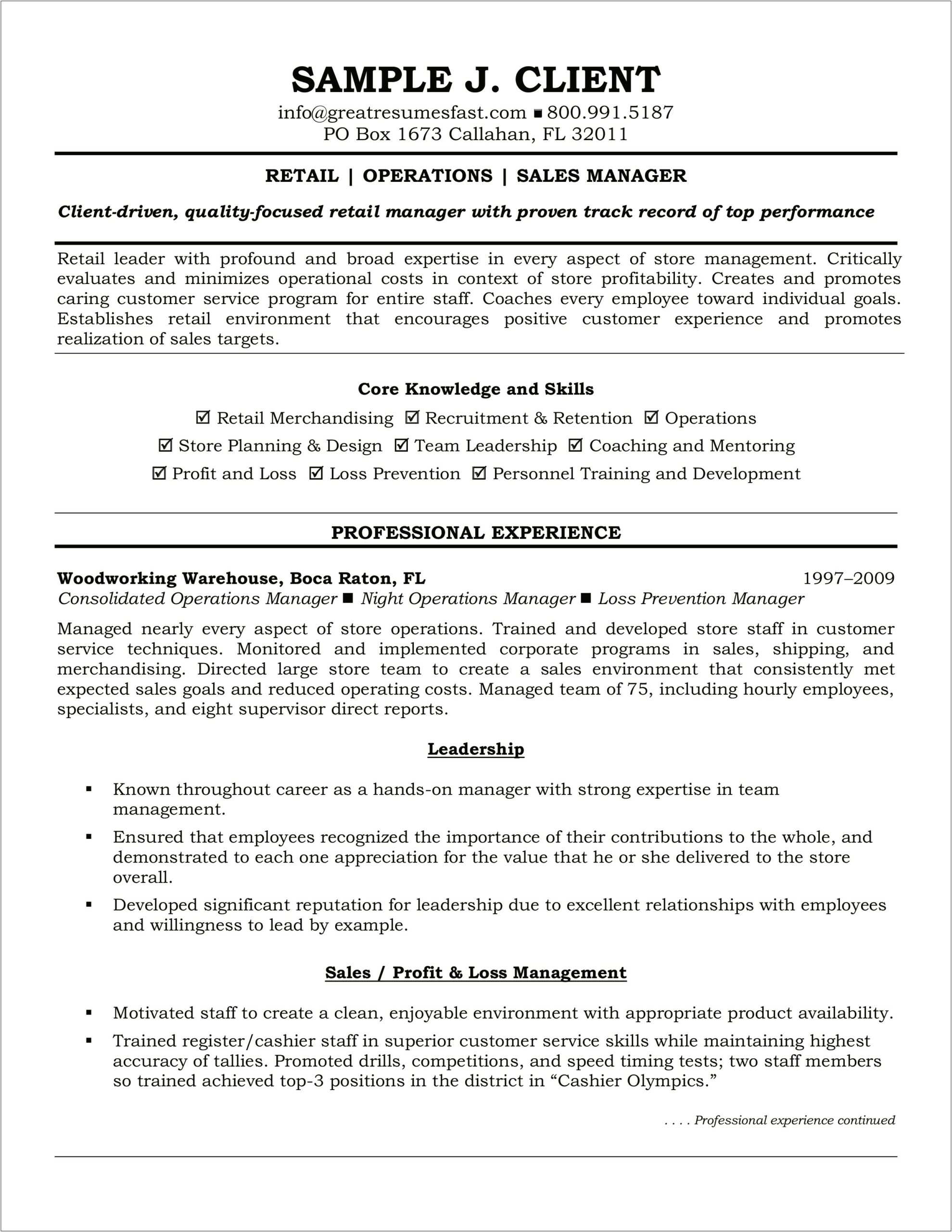 Call Center Sales Manager Resume