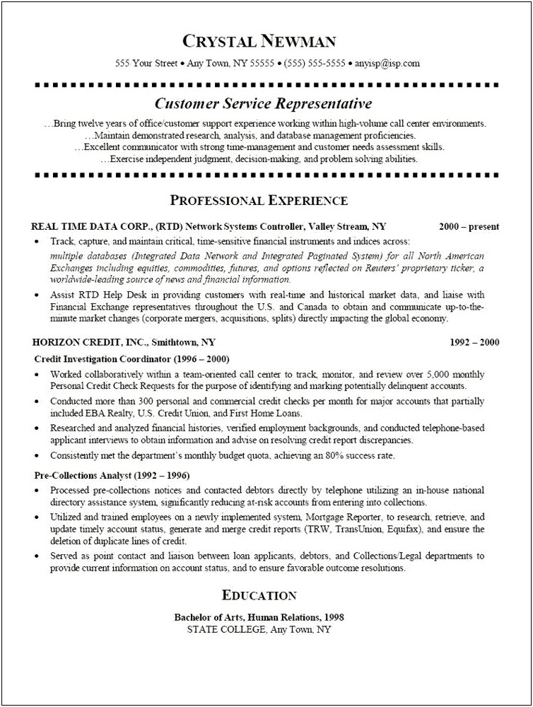 Call Center Sales Representative Resume Sample