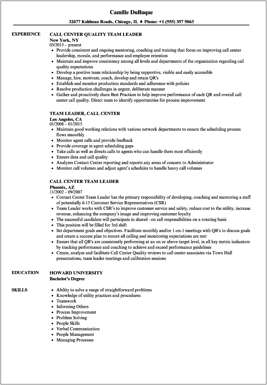 Call Center Team Lead Job Description For Resume