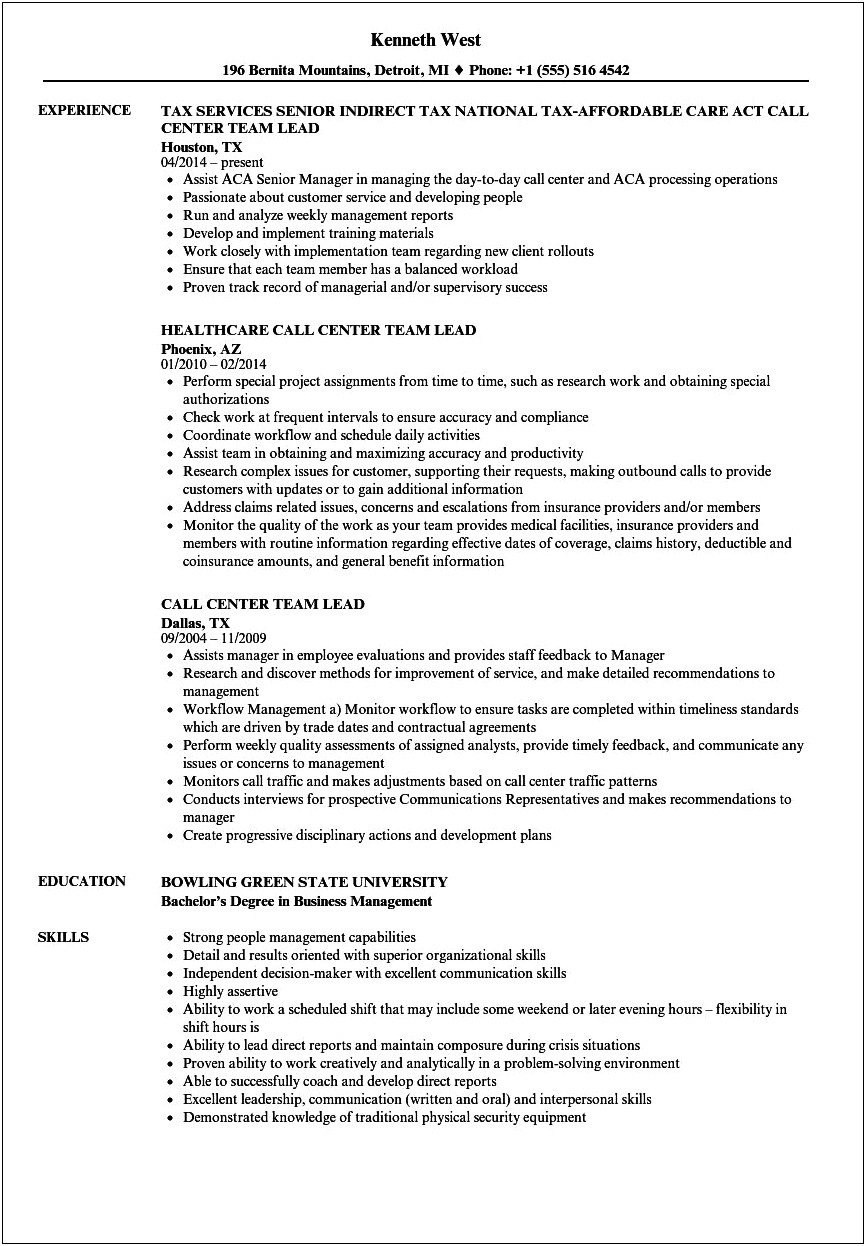 Call Center Team Leader Job Description For Resume