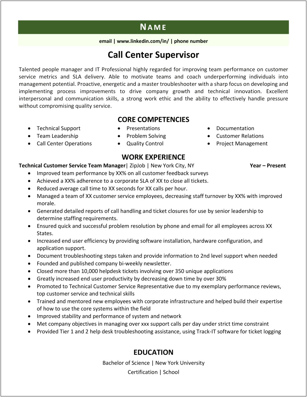 Call Center Technical Support Resume Sample