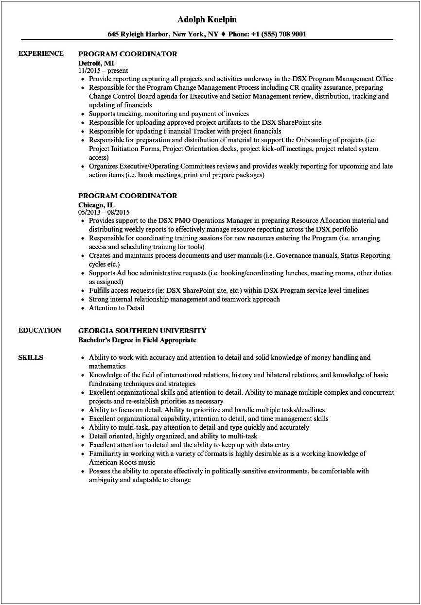 Camp Coordinator Job Description Resume