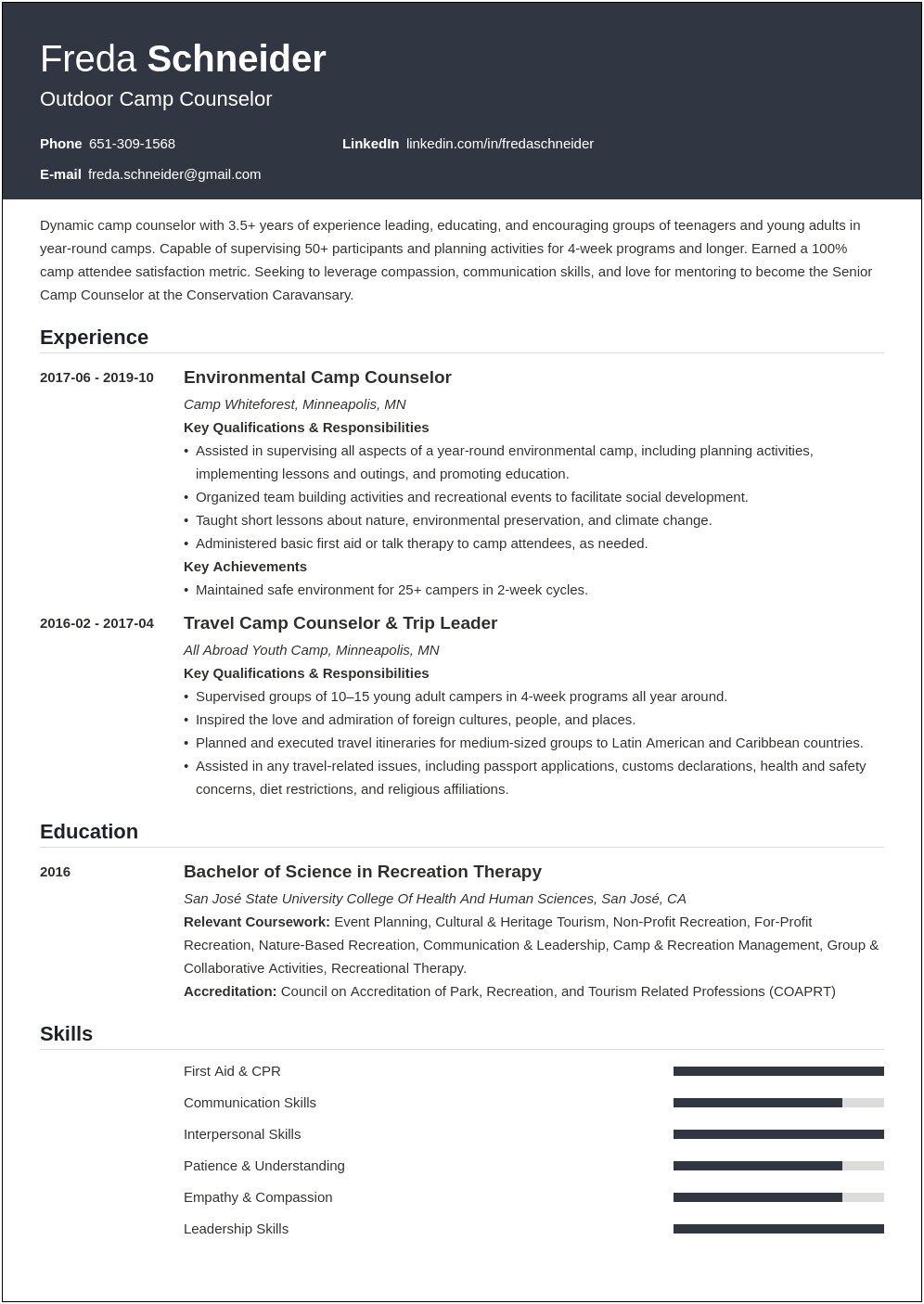 Camp Counselor Job Resume Example