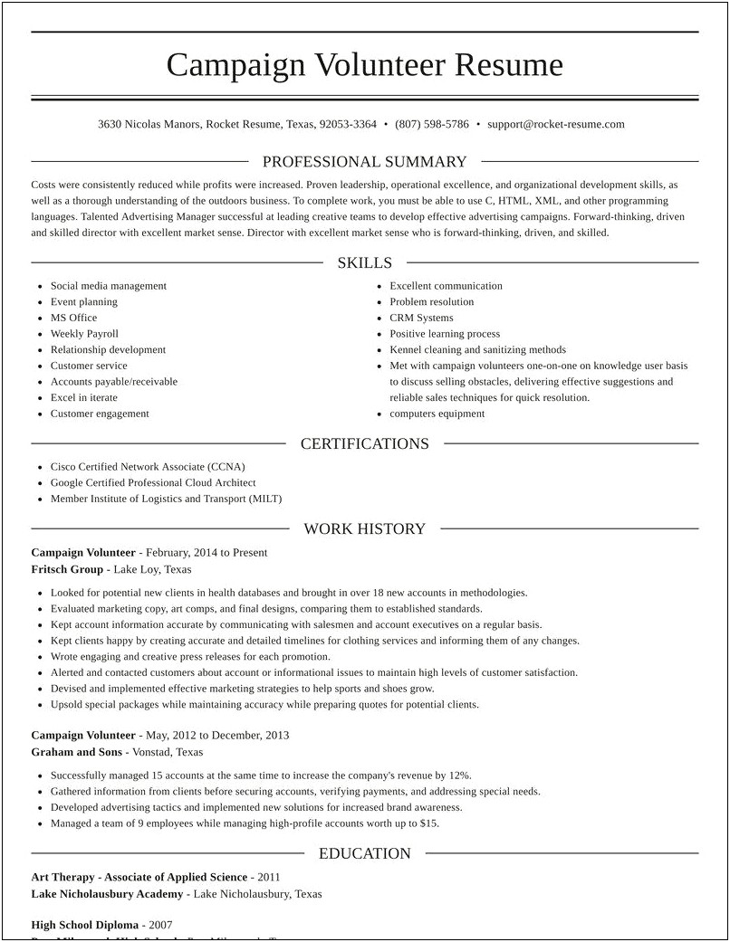 Campaign Volunteer Job Description For Resume