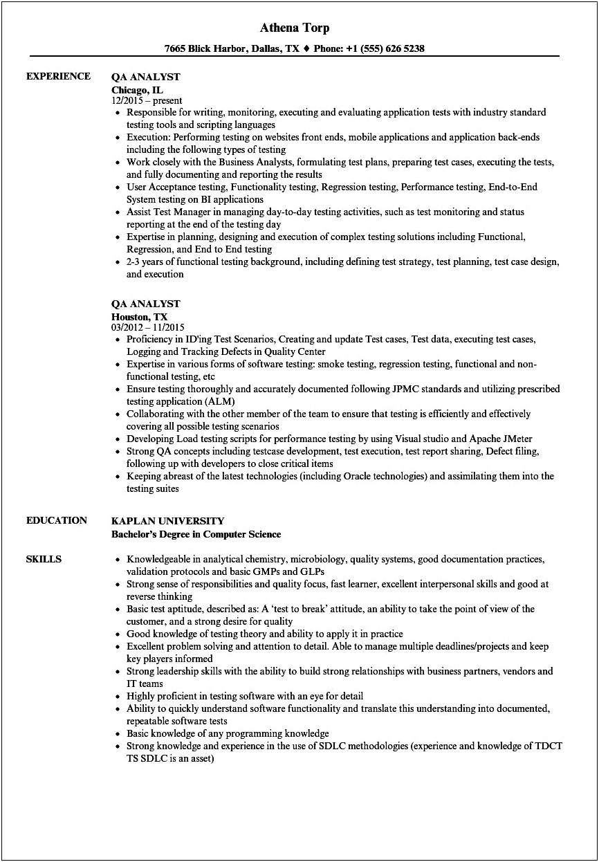 Canada Quality Analyst Resume Sample