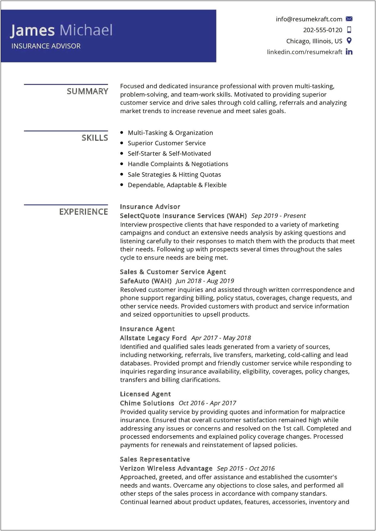 Canadian Job Resume Example For Insurance