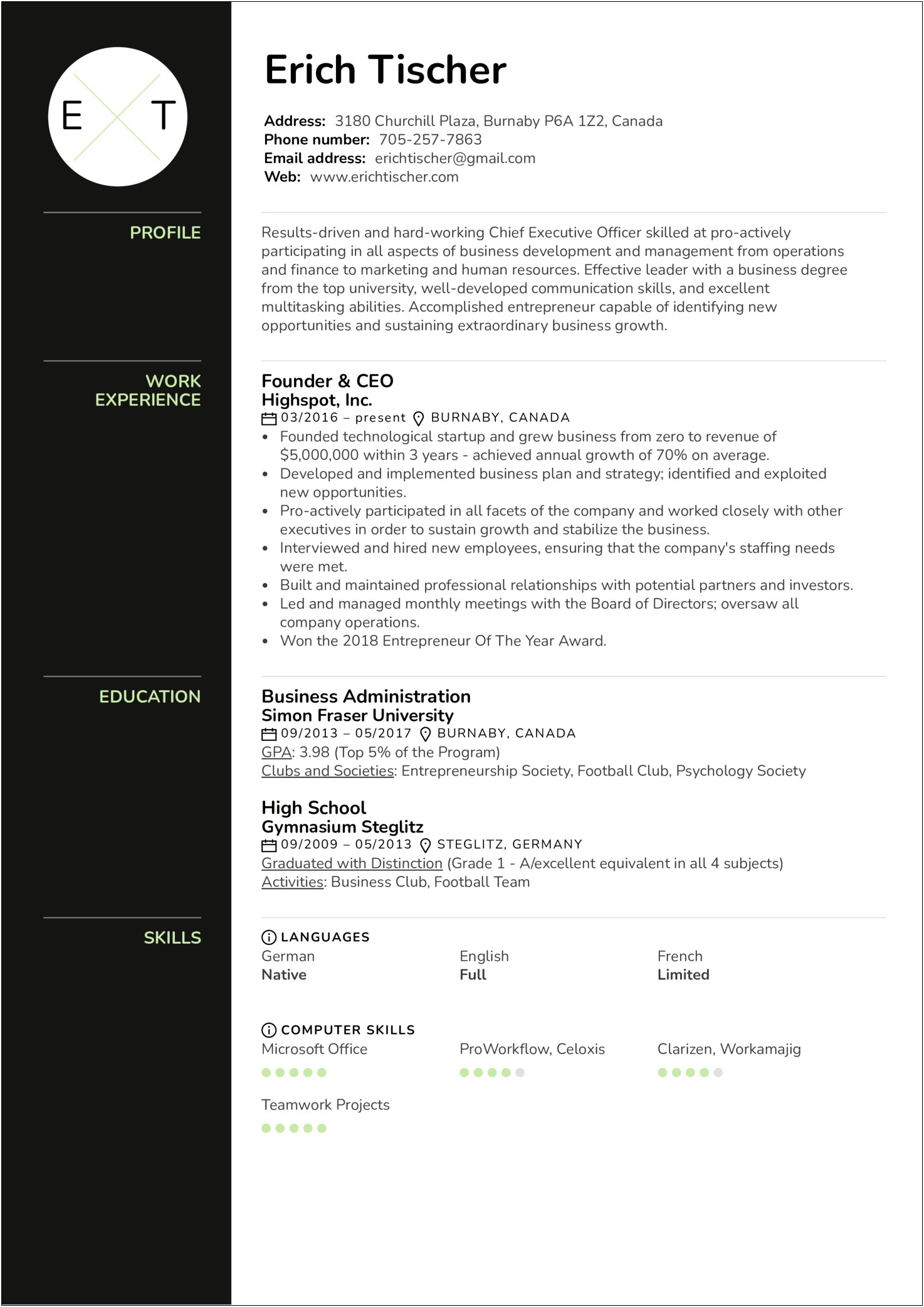 Canadian Resume Template Free 2018