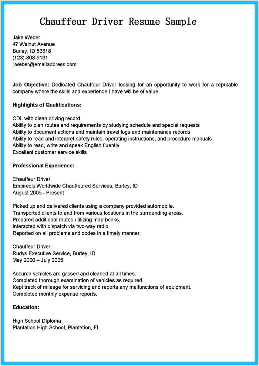 Car Driver Resume Format In Word Download