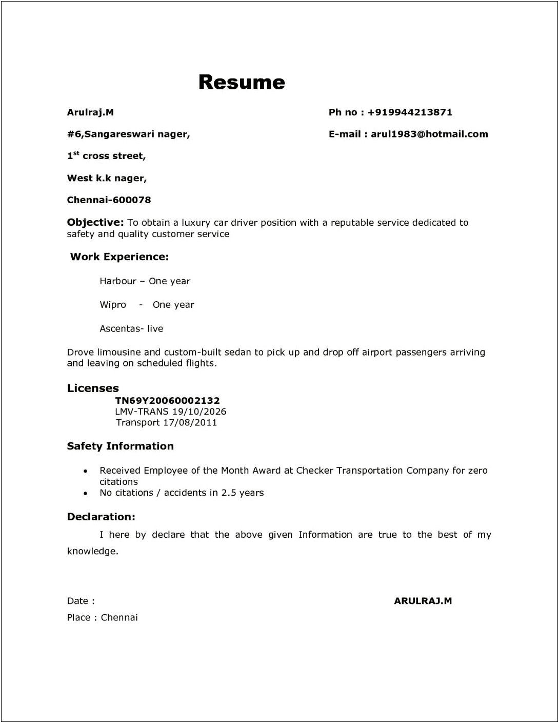 Car Driver Resume Format In Word Free Download