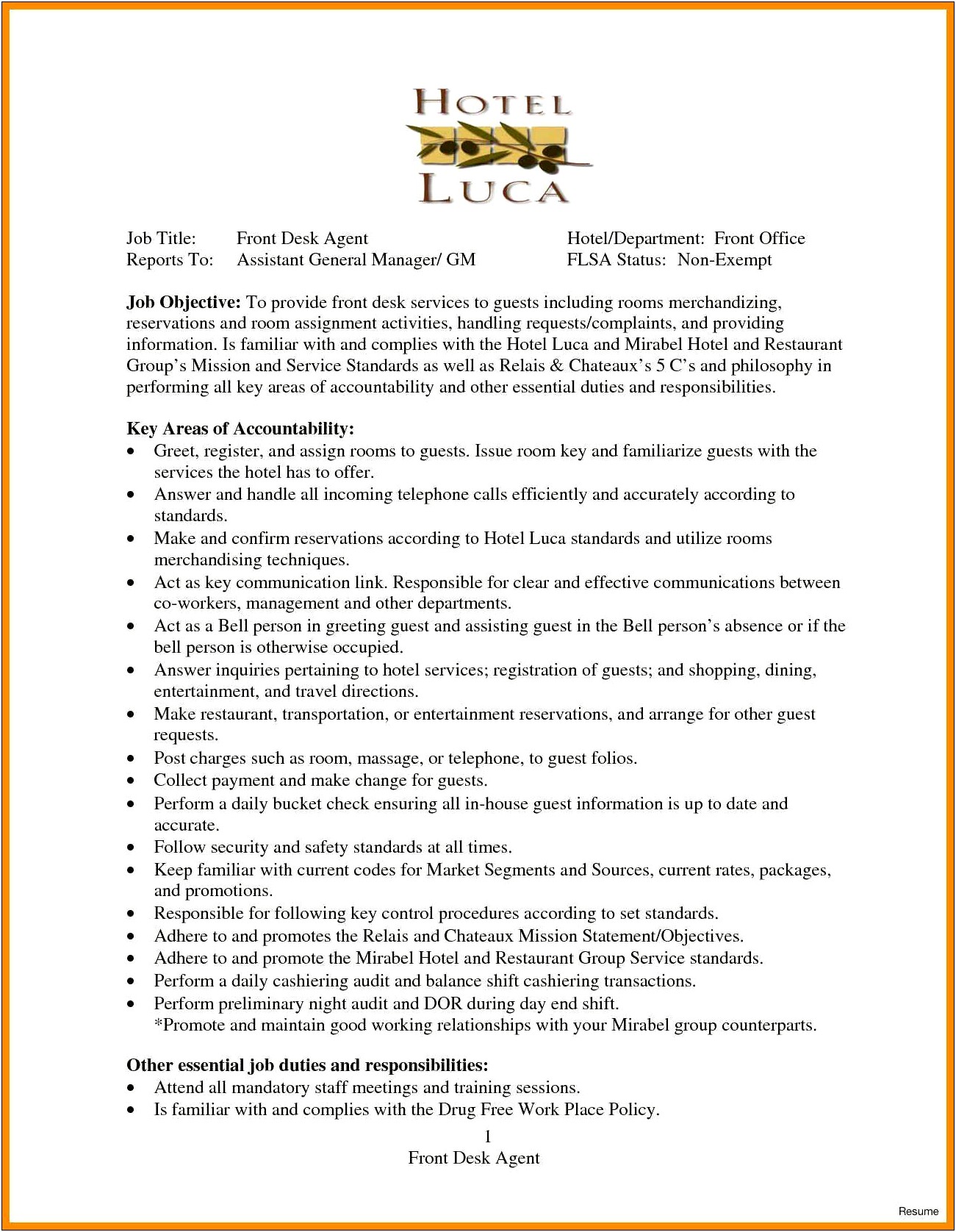 Car Rental Agent Job Description Resume