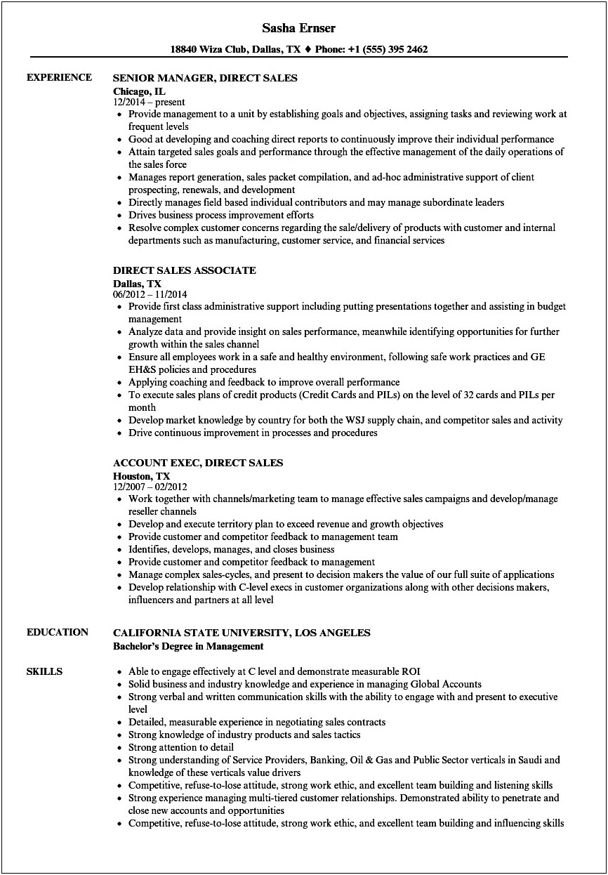 Car Sales Direct Sales Manager Job Description Resume