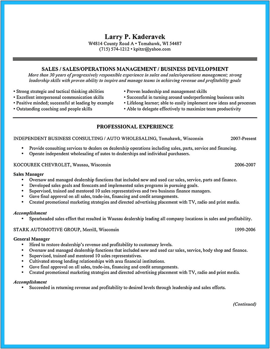 Car Sales Finanance Manager Job Description Resume
