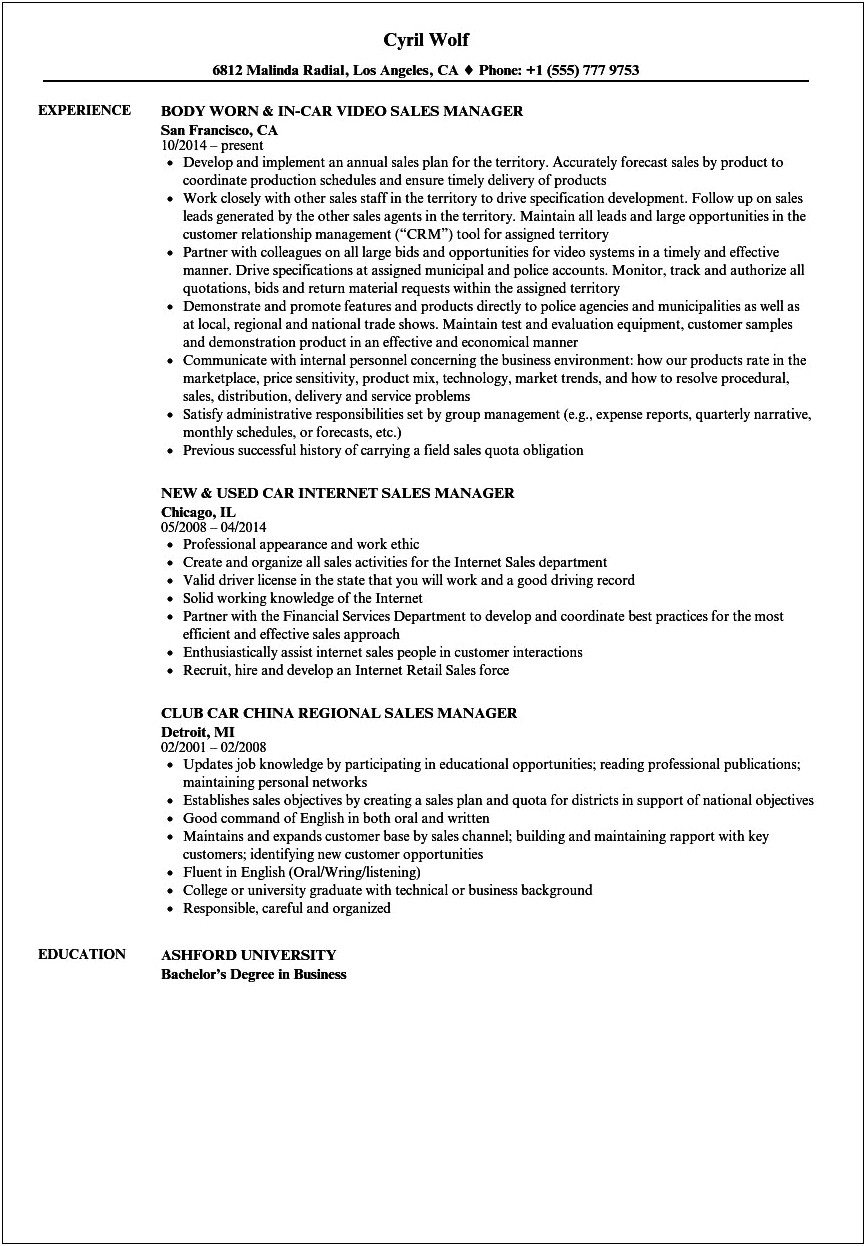 Car Sales Manager Resume Summary