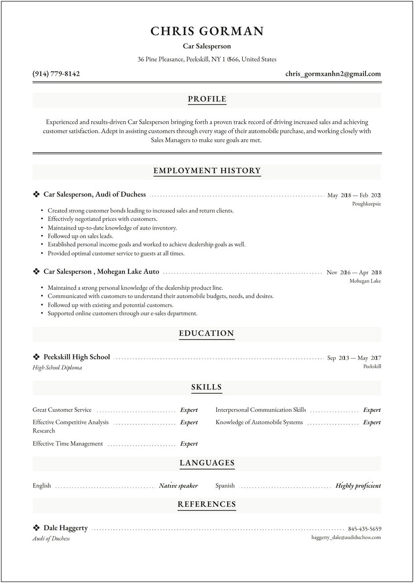 Car Salesman Job Description Resume Sample