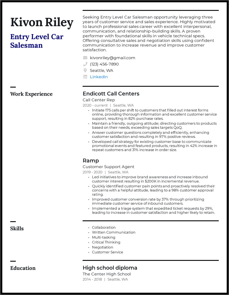 Car Salesperson Job Description Resume
