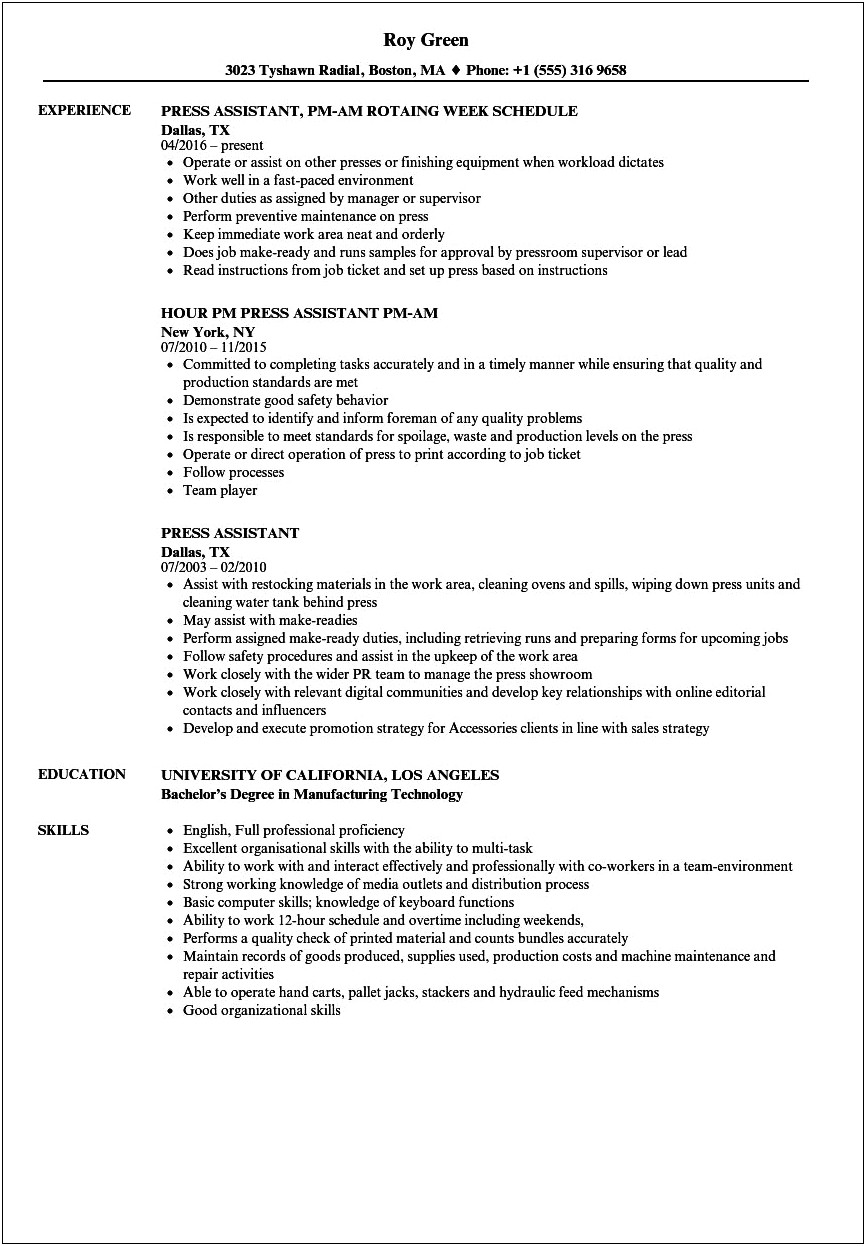 Cardboard Press Operator Job Description For Resume
