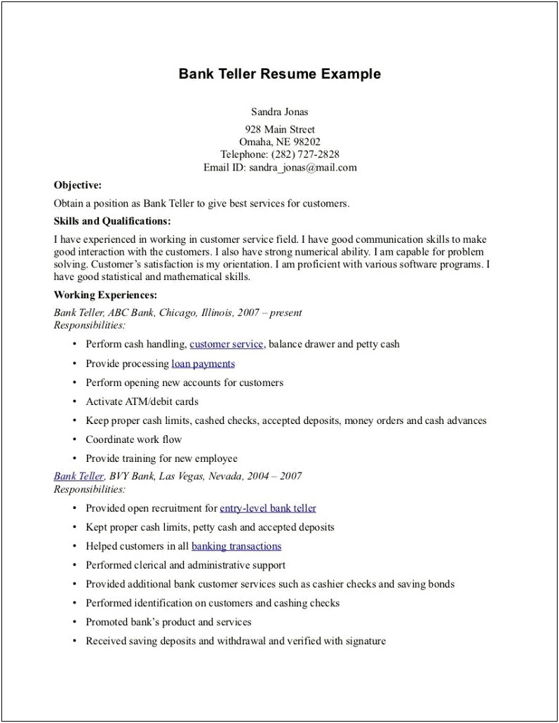 Career Objective Examples Banking Resume