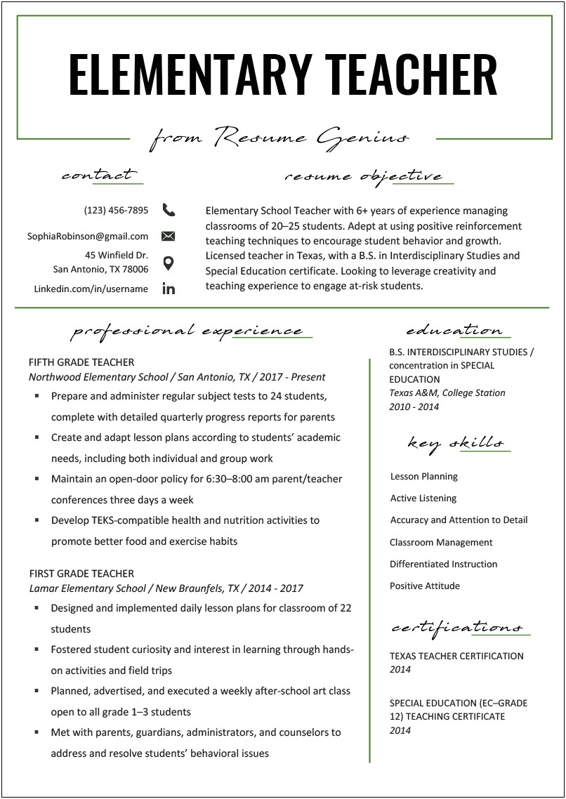 Career Objective Examples For Teacher Resumes