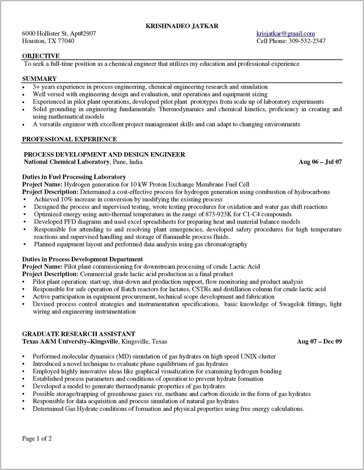 Career Objective For Chemical Engineer Resume