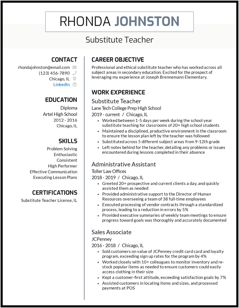 Career Objective For Elementary Teacher For Resume