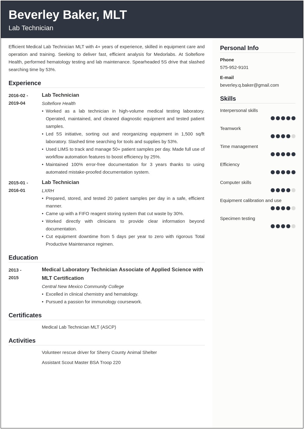 Career Objective For Medical Lab Technician Resume