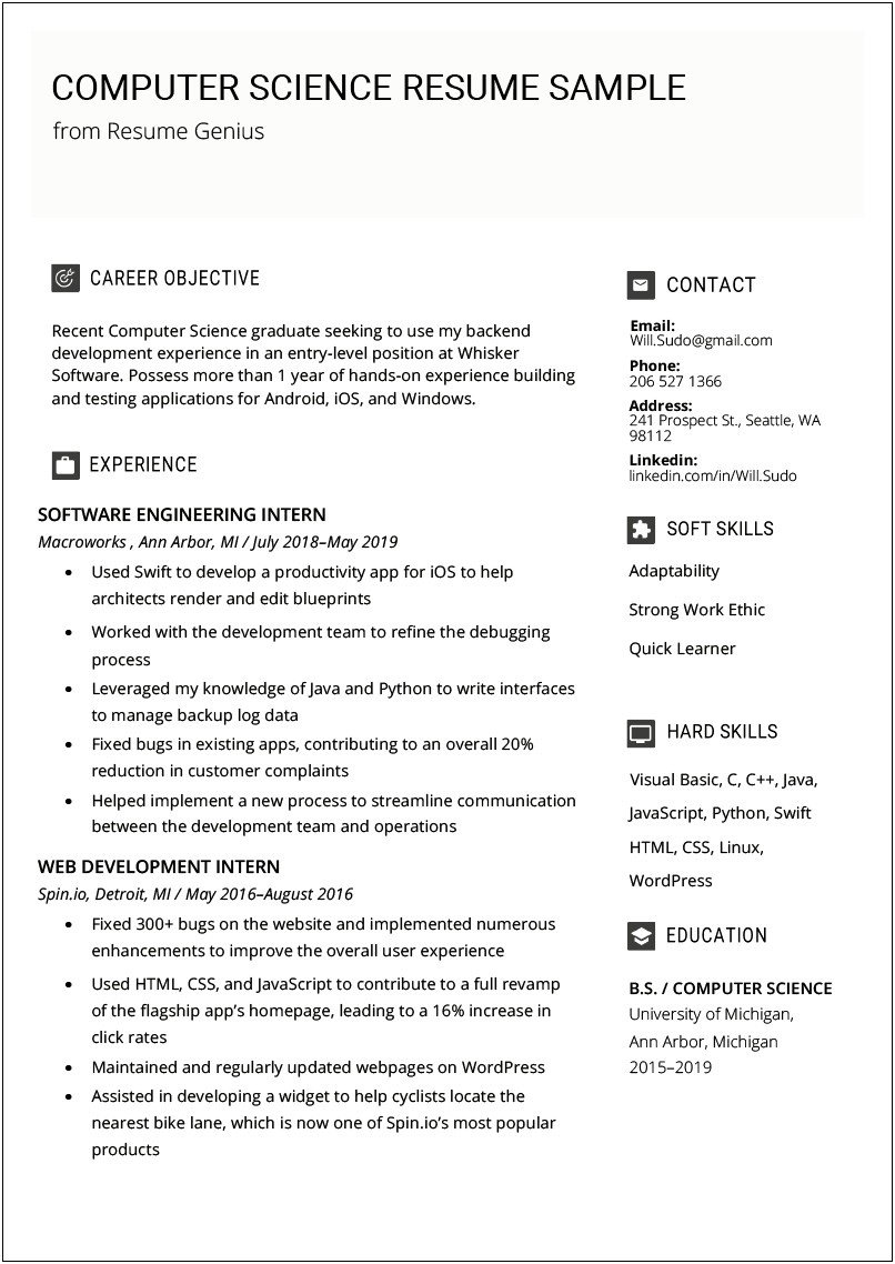 Career Objective For Resume For Computer Science Student