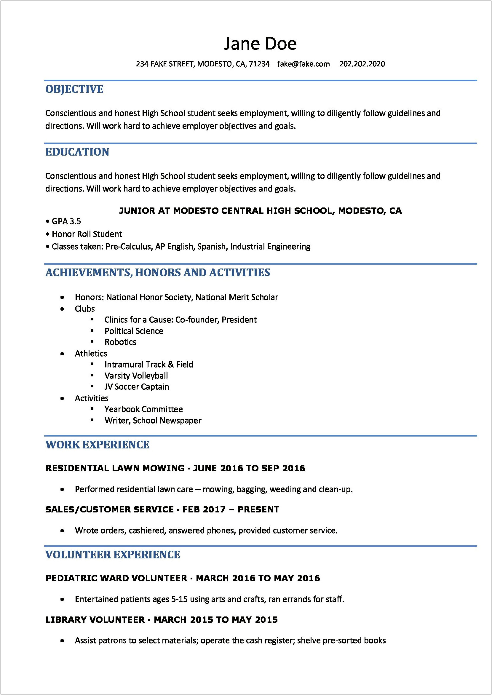 Career Objective For Resume For High School Student