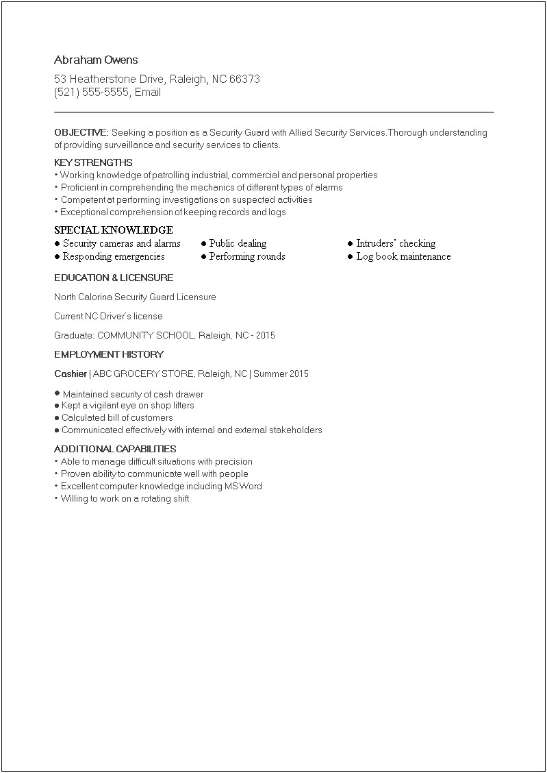 Career Objective For Security Guard Resume