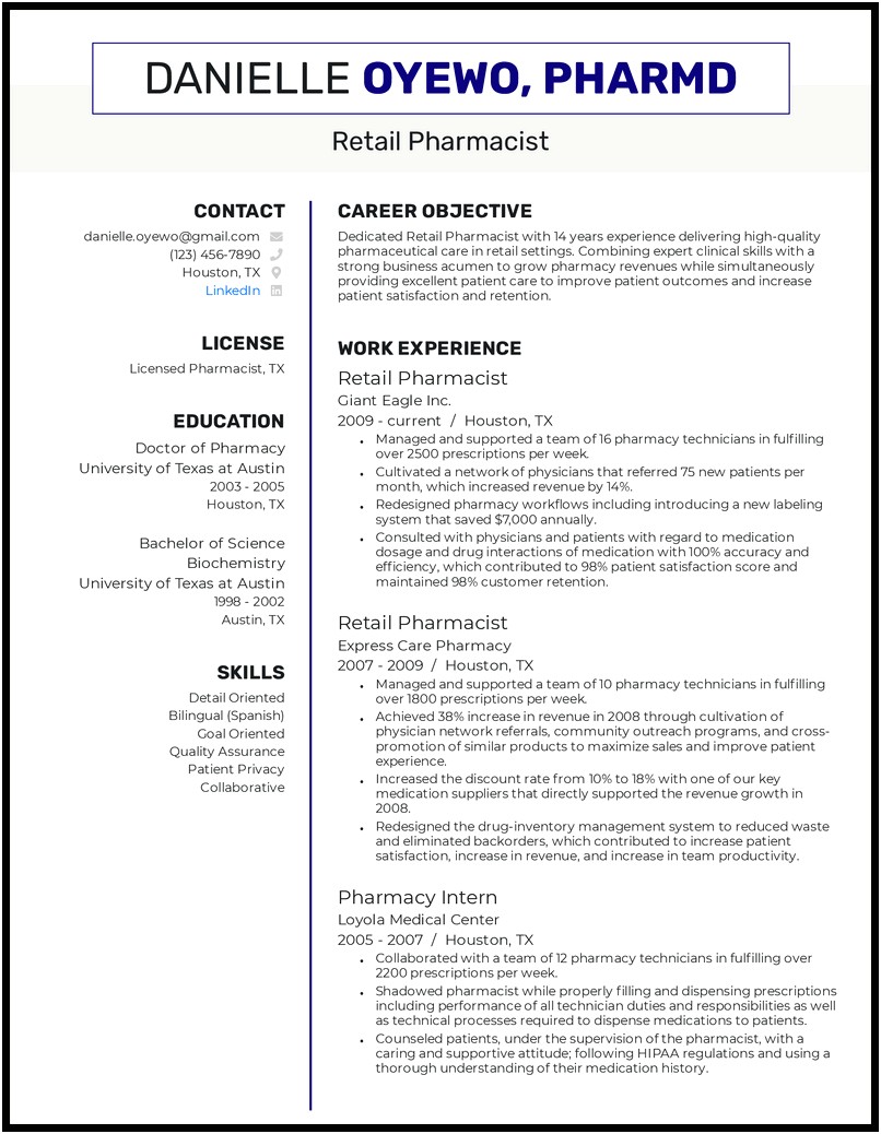 Career Objective In Resume For Clinical Pharmacist