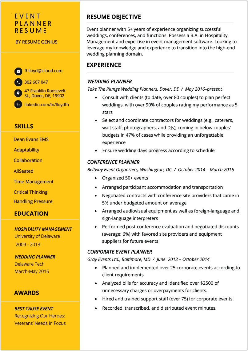 Career Objective Resume Event Manager