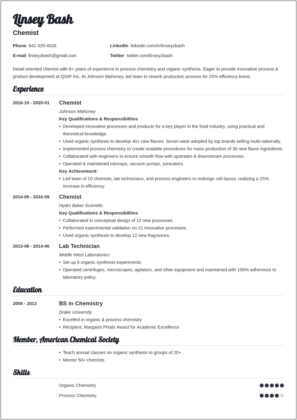 Career Objective Resume Examples Chemistry