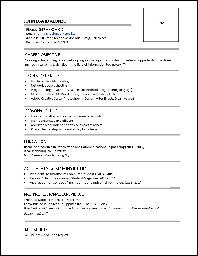 Career Objective Statement Resume For Information Technology