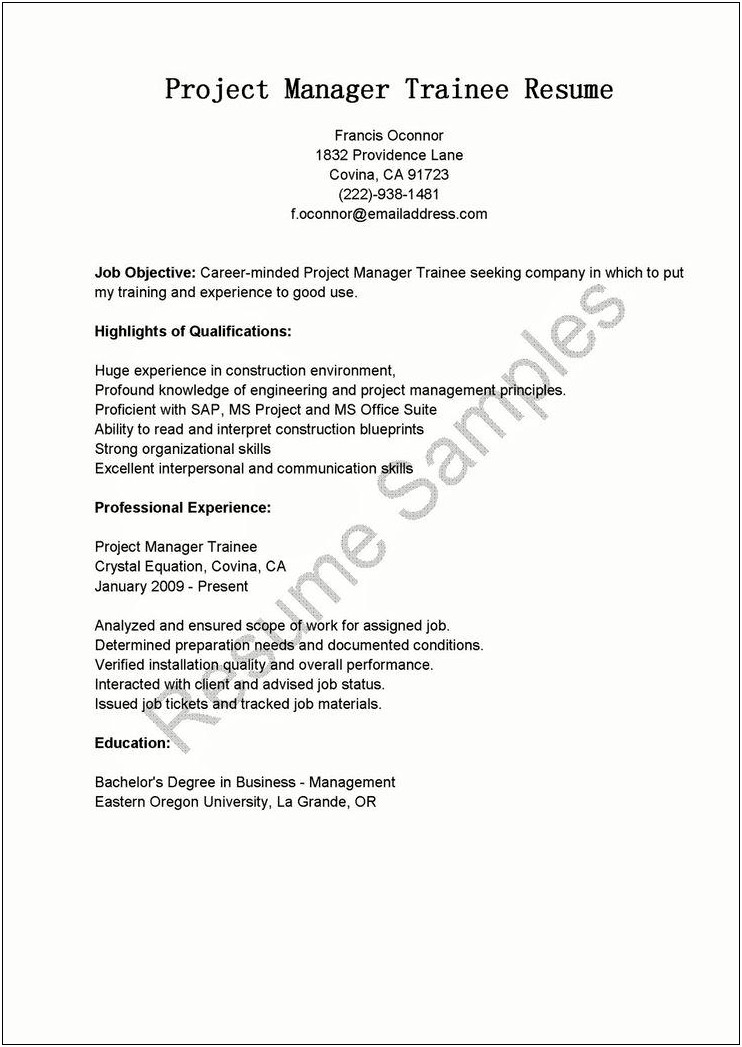 Career Objectives For Resume For Manager Trainee Job