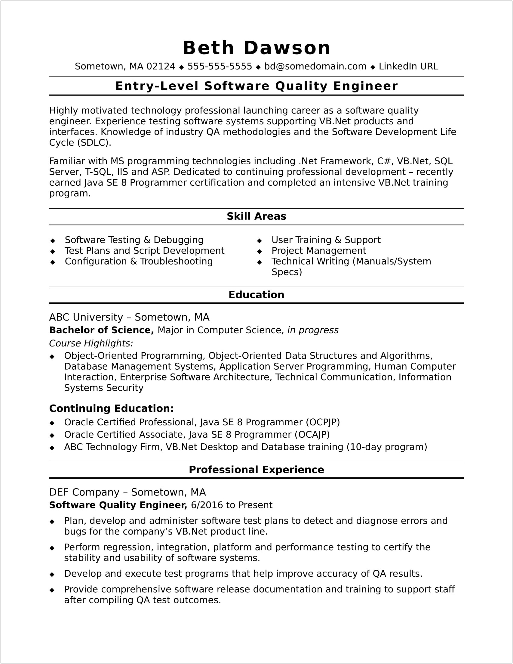 Career Summary For Entry Level Engineer Resume