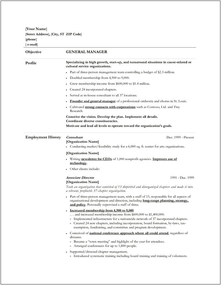 Career Summary Objective For General Manager Resume