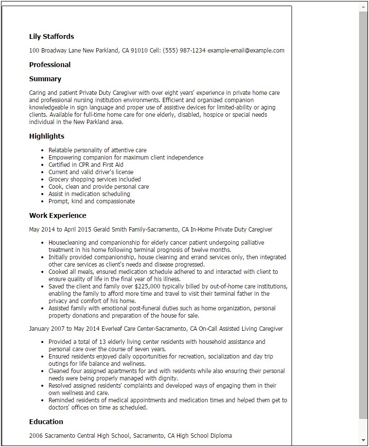 Caregiver Resume Examples Giving Medication