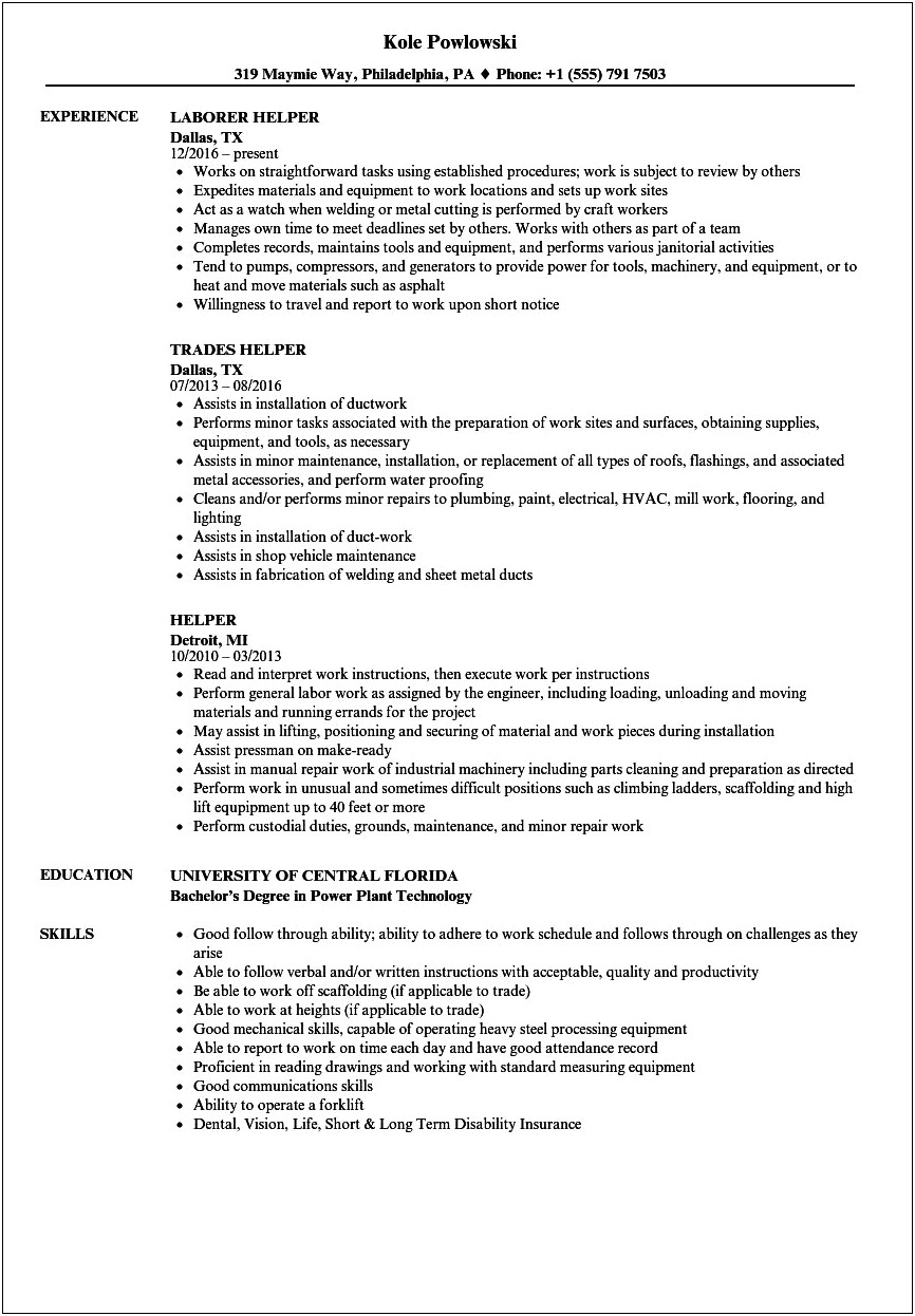 Carpenter Helper Job Description For Resume