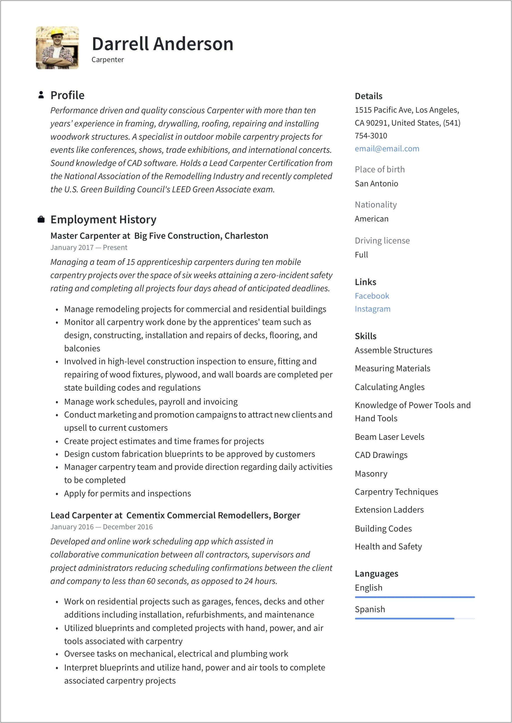 Carpenter Job Description Sample Resume
