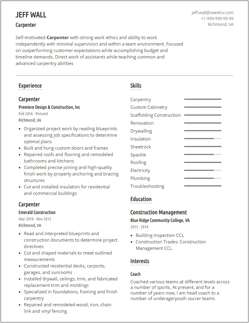 Carpinter Gypson Board Job Description Resume