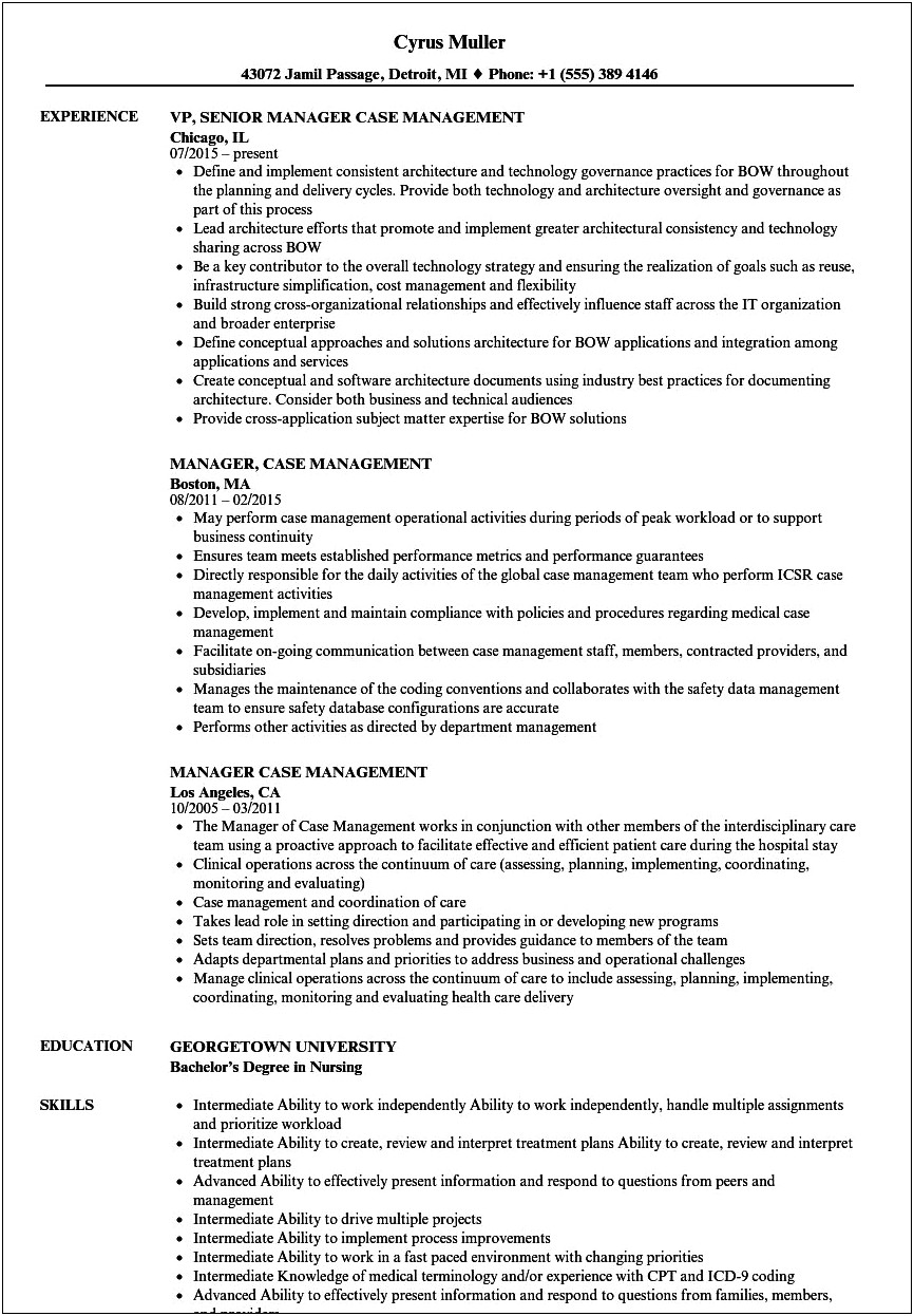 Case Management Job Description Resume