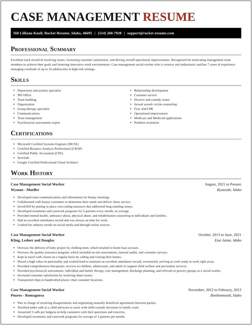 Case Management Social Work Resume