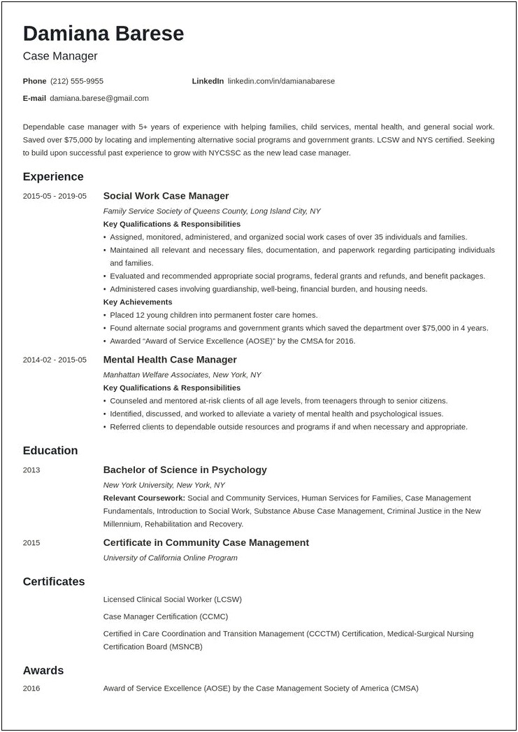 Case Manager Resume Objective Sample
