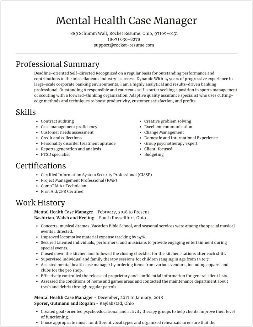 Case Manager Work Experience Resume