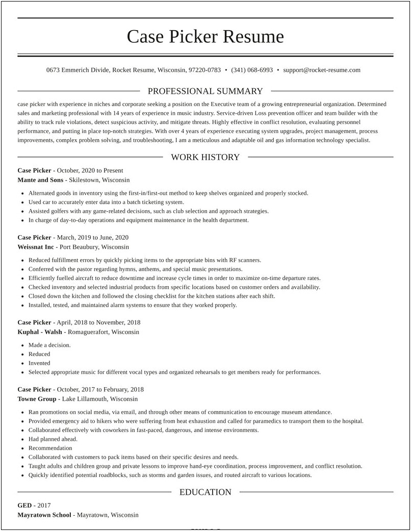 Case Picker Job Description For Resume