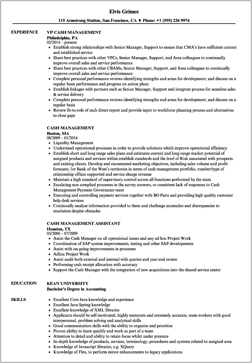 Cash Manager Job Description Resume