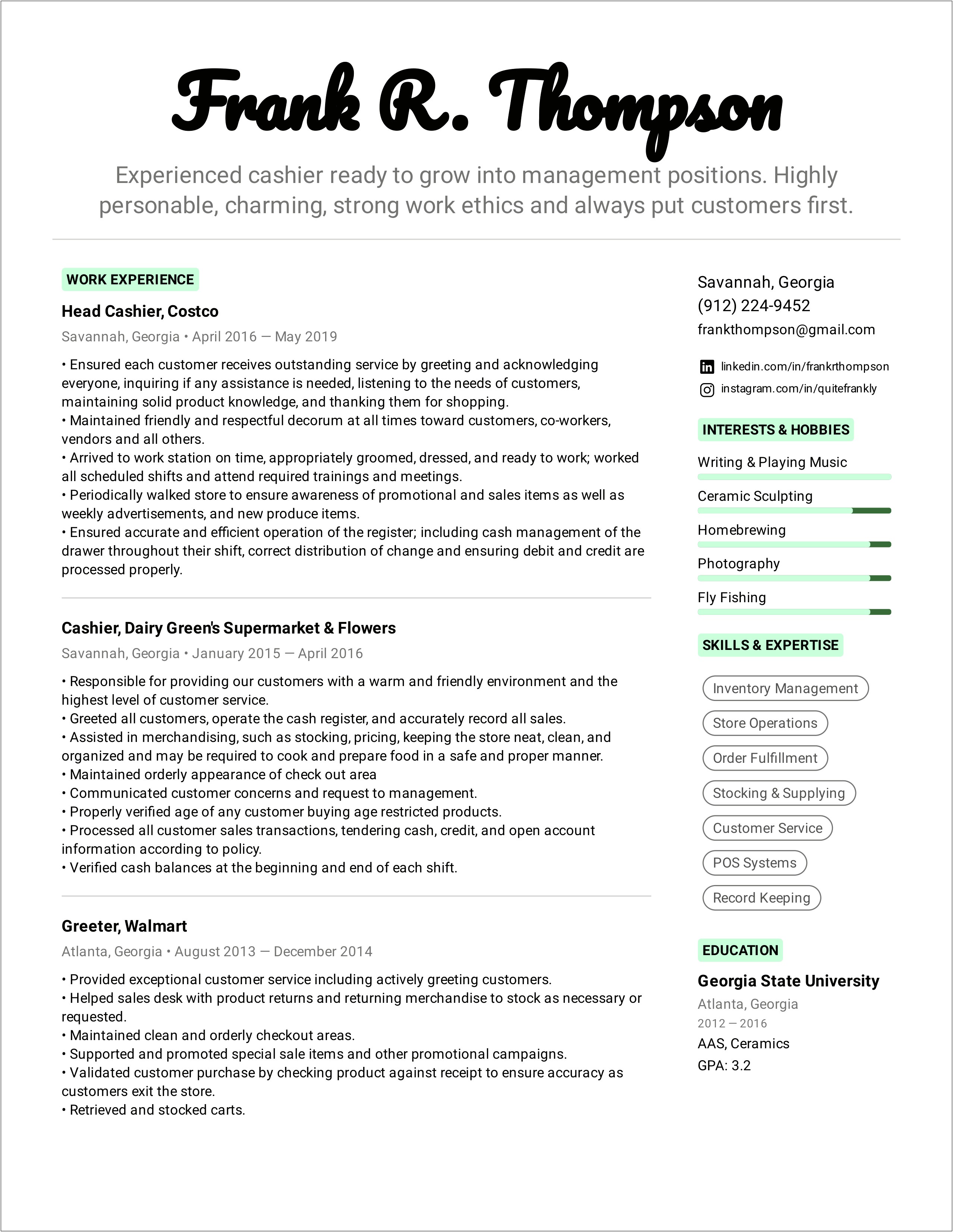 Cashier Duty Examples For Resumes