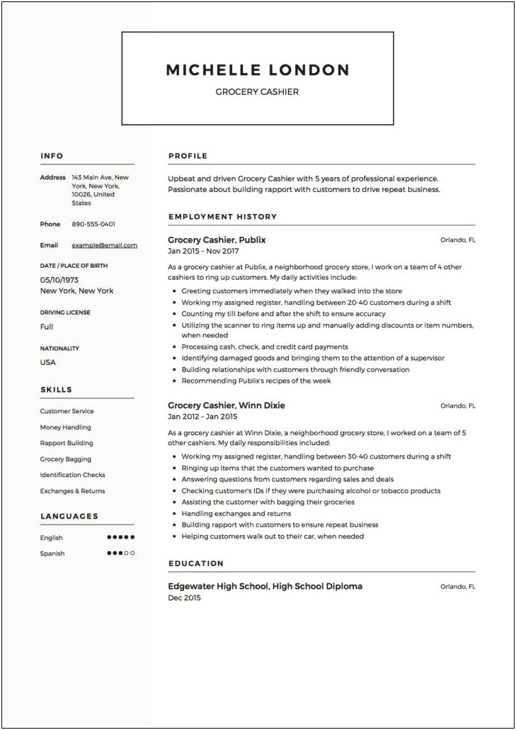Cashier For Grocery Store Resume Sample