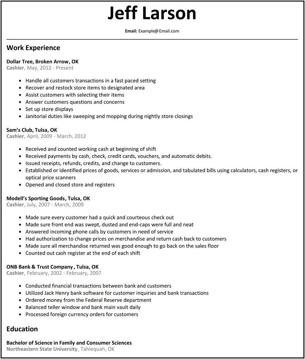 Cashier Resume Job Description Examples